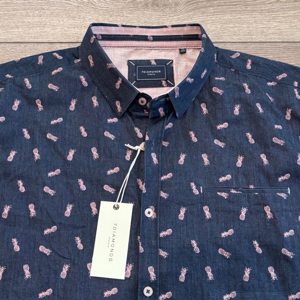 7 Diamonds Button Down Shirt Mens XXL Blue Pink Pineapple Pattern Nothings Over
